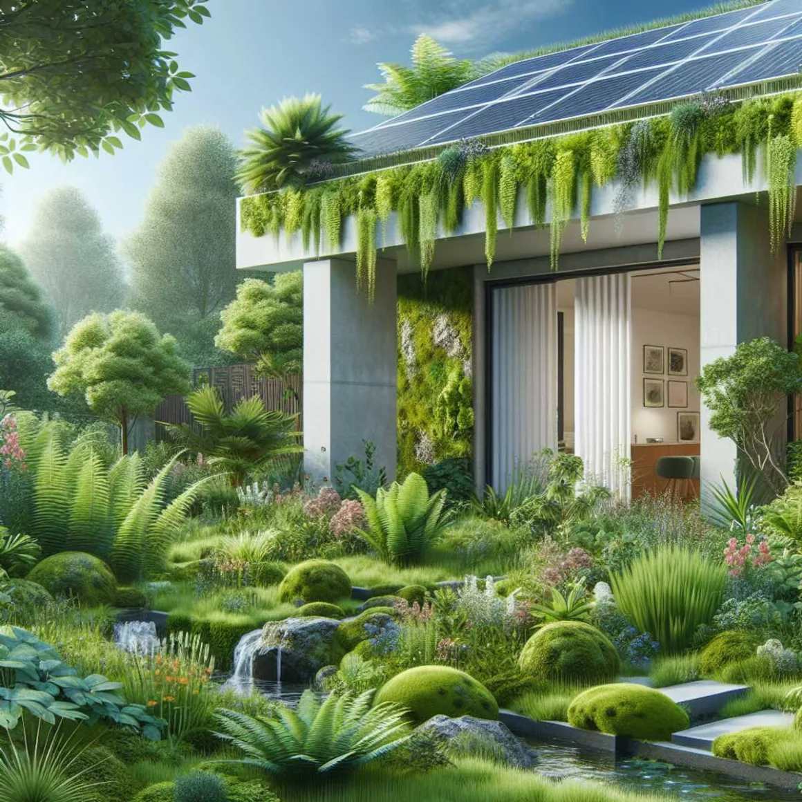 A modern home with a rooftop garden and solar panels.