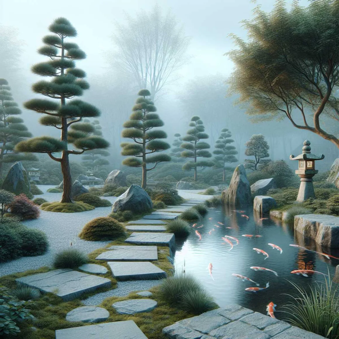A serene Zen garden with a meandering stone pathway, sparse Scandinavian spruce trees, a Japanese stone lantern, and vibrant koi fish in a tranquil pond under a cool, overcast sky.
