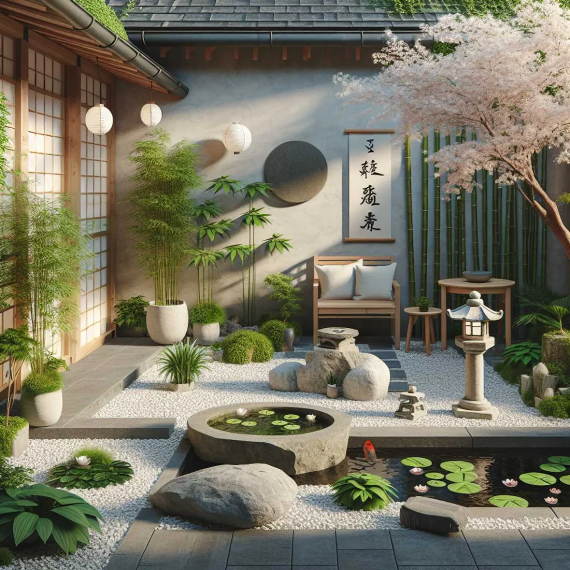 A small koi pond, bamboo plants, stone lanterns, and a wooden bench in a serene Japanese garden.