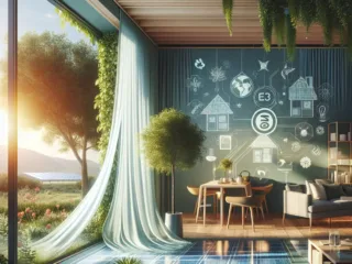 A modern, eco-friendly home with vibrant colors, natural light flooding in, an open window with a gently floating curtain, solar panels on the roof, and an indoor plant for air purification.