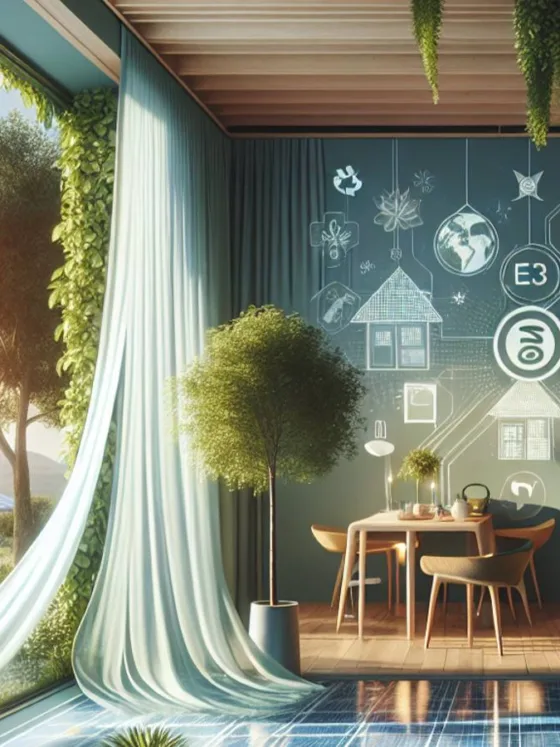 A modern, eco-friendly home with vibrant colors, natural light flooding in, an open window with a gently floating curtain, solar panels on the roof, and an indoor plant for air purification.