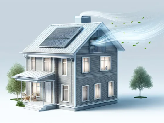 A realistic house with a significant roof vent structure and a light, gentle breeze flowing through the vent, marked by scattering leaves and swaying treetops.