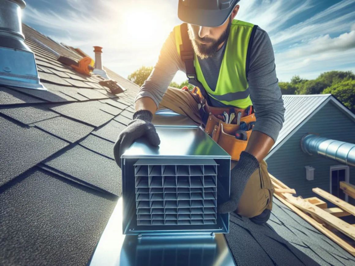 A Hispanic roofer installing a ventilation system on a pitched roof.