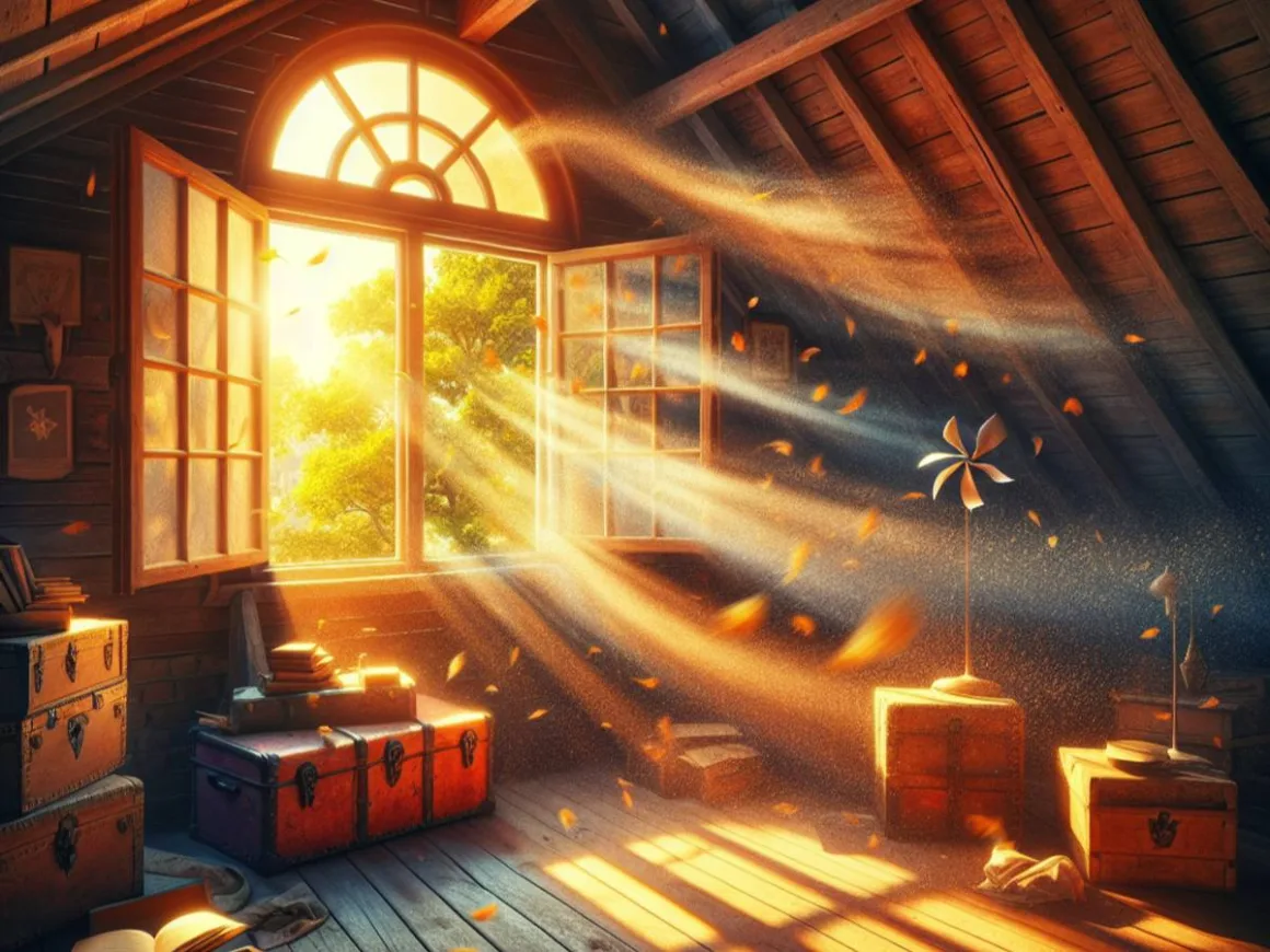 A sunlit attic with warm lighting streaming through the windows, casting a dramatic shadow across the floor. Vintage trunks and aged wooden beams are arranged around, with trees swaying in the wind outside the window.