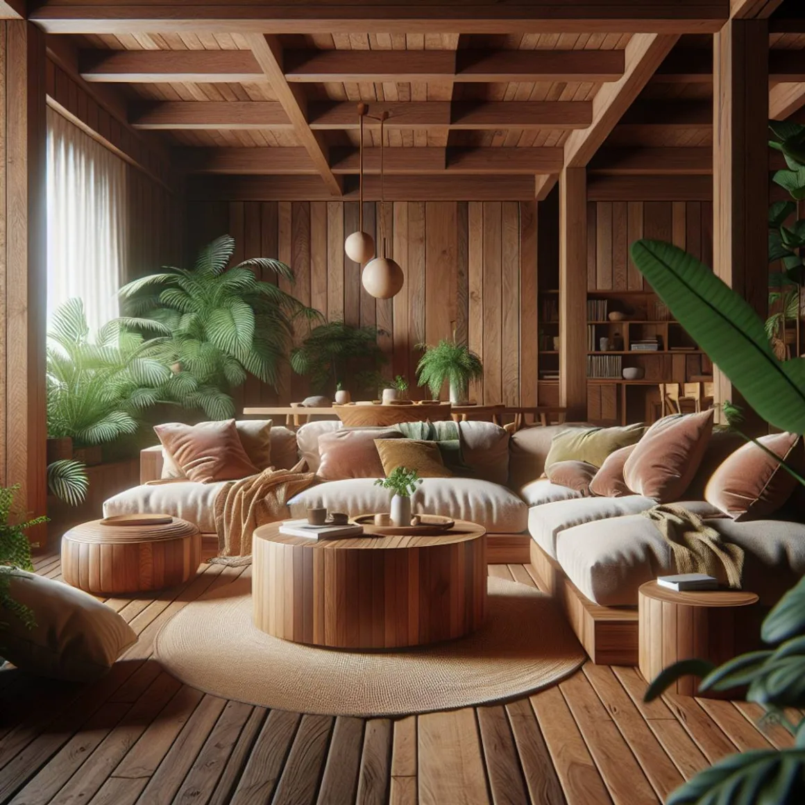 A cozy living room with sustainable wooden furniture and lush greenery.