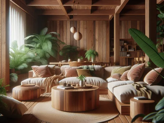 A cozy living room with sustainable wooden furniture and lush greenery.