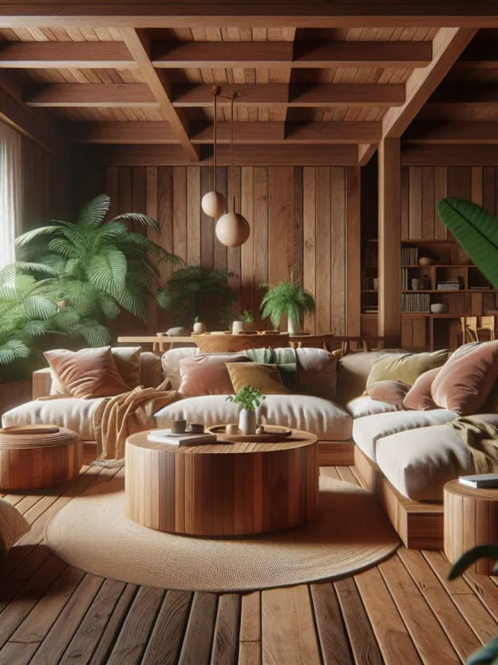 A cozy living room with sustainable wooden furniture and lush greenery.