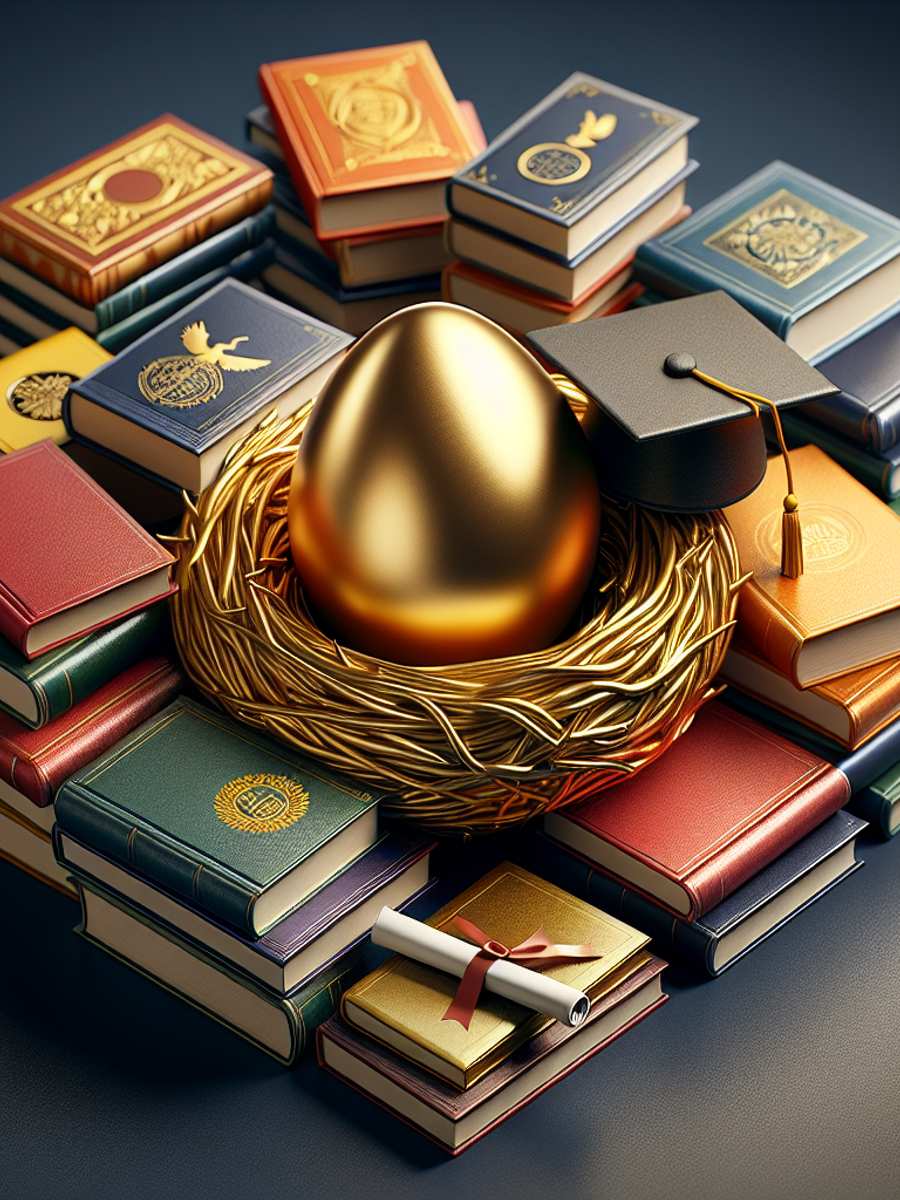 Golden nest egg surrounded by diverse hardback books and a graduation cap.
