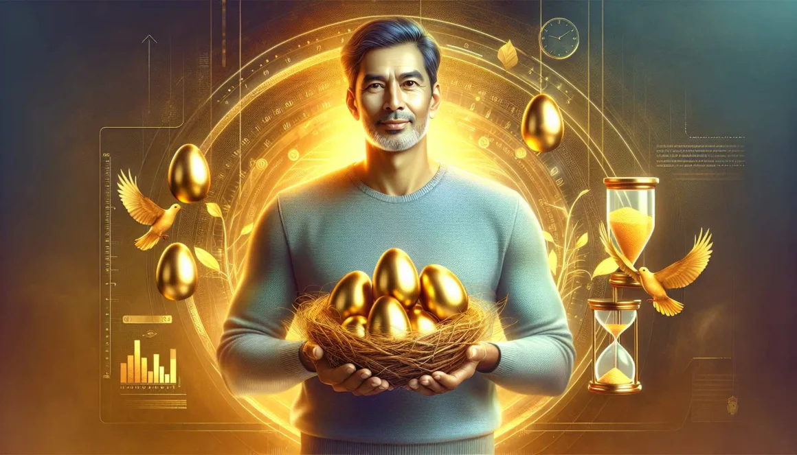 Golden nest with eggs being held by a person.