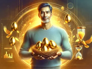 Golden nest with eggs being held by a person.