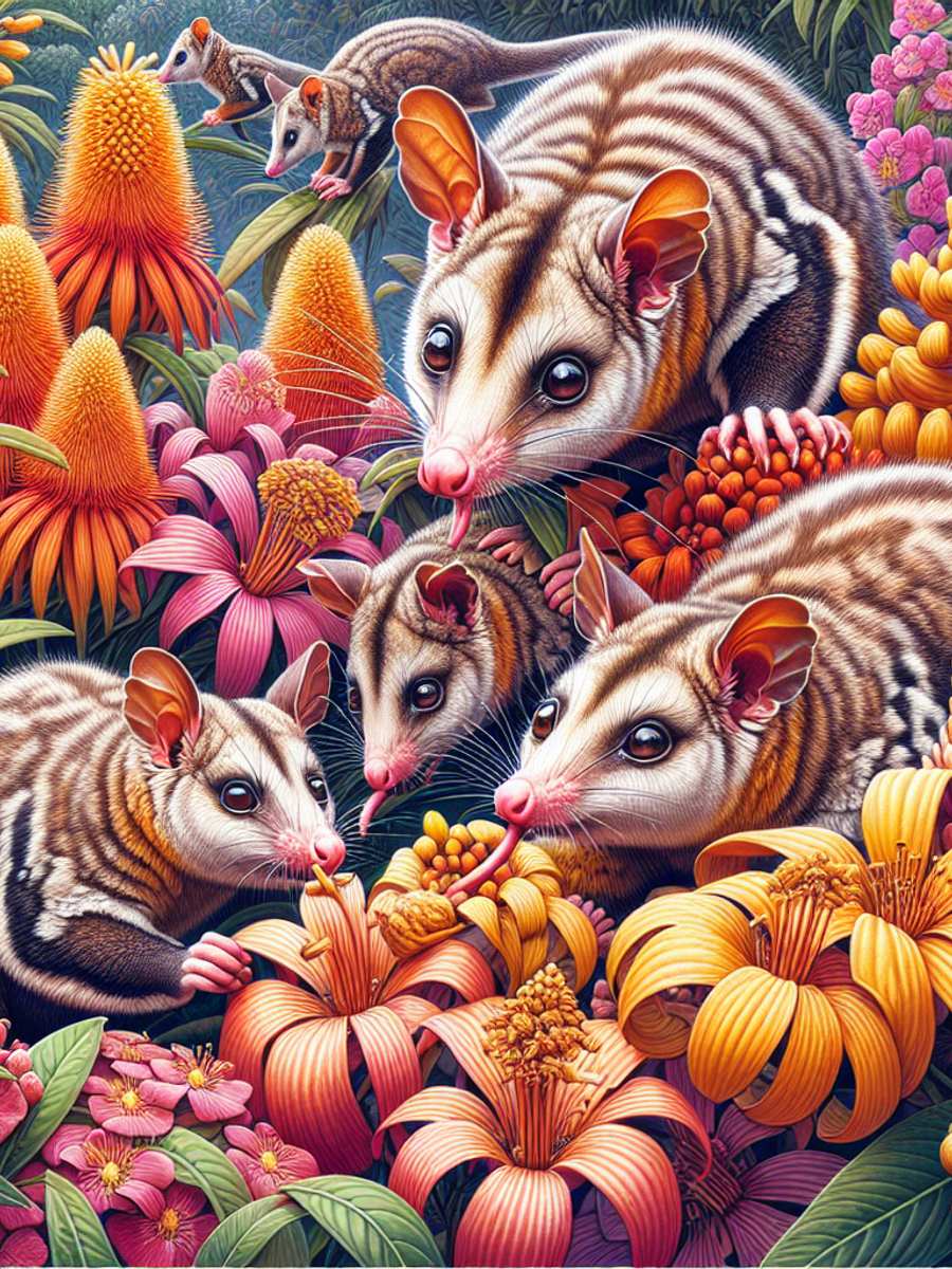 Honey possums foraging for nectar in a vibrant garden.