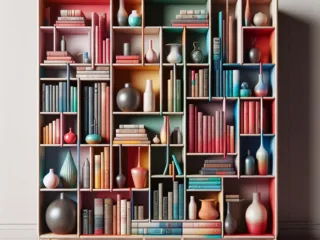 A colorful and asymmetrical bookshelf filled with various items