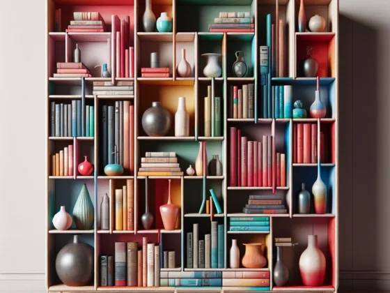 A colorful and asymmetrical bookshelf filled with various items