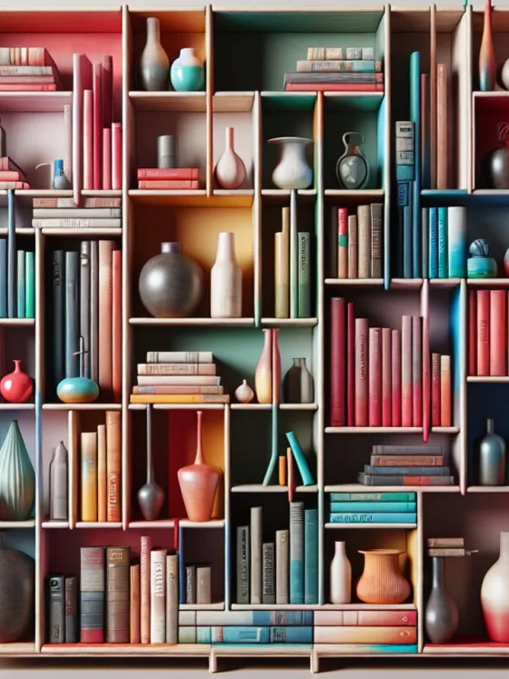 A colorful and asymmetrical bookshelf filled with various items