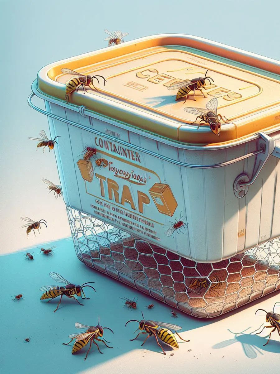 A repurposed plastic bottle trap for catching yellow jackets, featuring a simple yet effective design with a focus on luring the insects. The image is rendered realistically in natural light, showcasing the material, shape, and construction of the container trap.