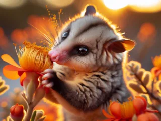 A digital art representation of a honey possum with flowers, symbolizing the role of honey possums in pollination.