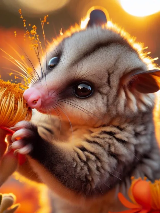 A digital art representation of a honey possum with flowers, symbolizing the role of honey possums in pollination.