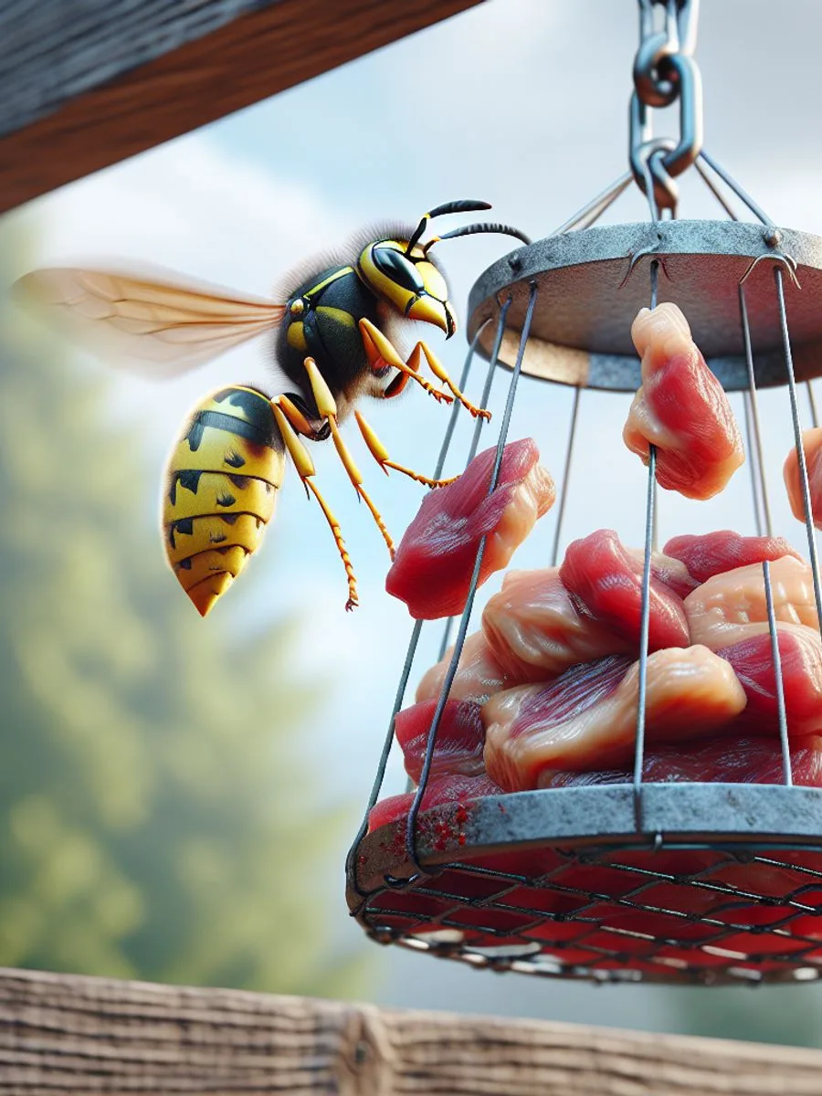 A yellow jacket wasp hovering around a suspended meat trap.