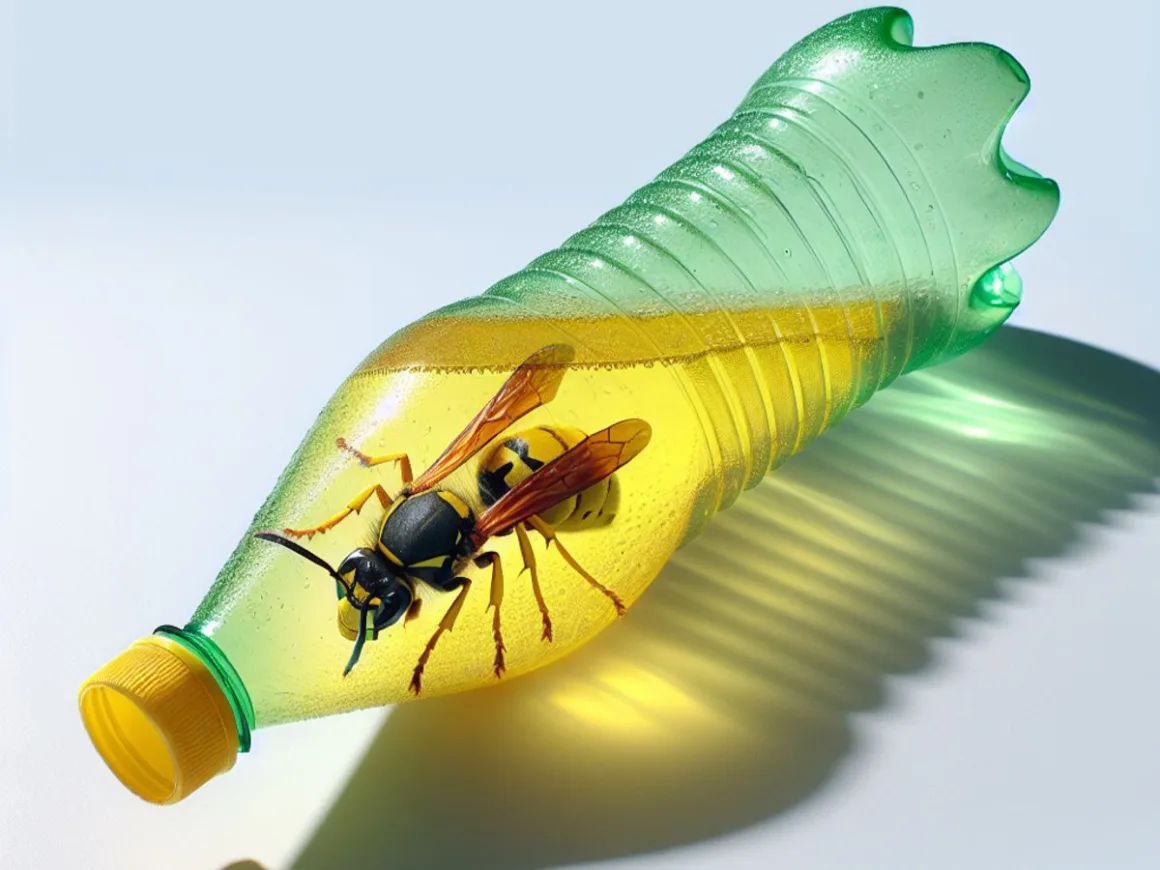 A bright yellow jacket trapped inside a homemade soda bottle trap.