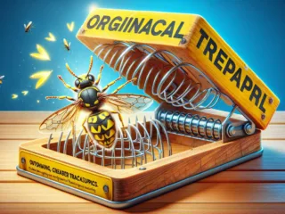 A yellow jacket trapped inside a transparent container, surrounded by bright yellow and black stripes. The container is designed with an intricate network of small passages leading to the central chamber where the insect is captured.