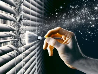 A hand dusting fabric blinds with a feather duster, capturing particles of dust in the sunlight.