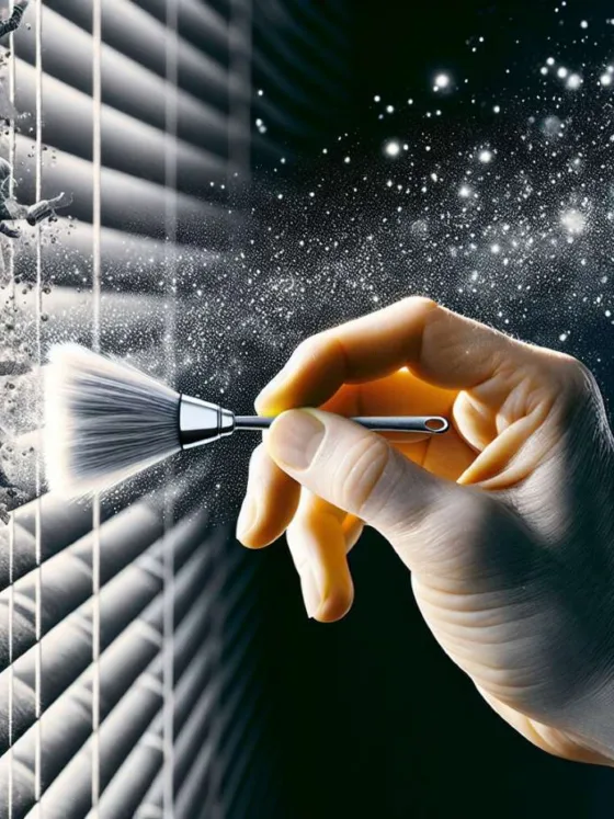 A hand dusting fabric blinds with a feather duster, capturing particles of dust in the sunlight.