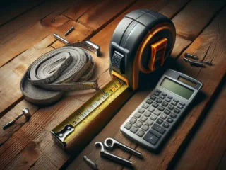 A partially unrolled tape measure and a calculator on a rustic wooden floor, with the metallic and plastic textures highlighted by warm lighting.