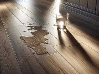 Newly installed vinyl plank flooring with spilled water.