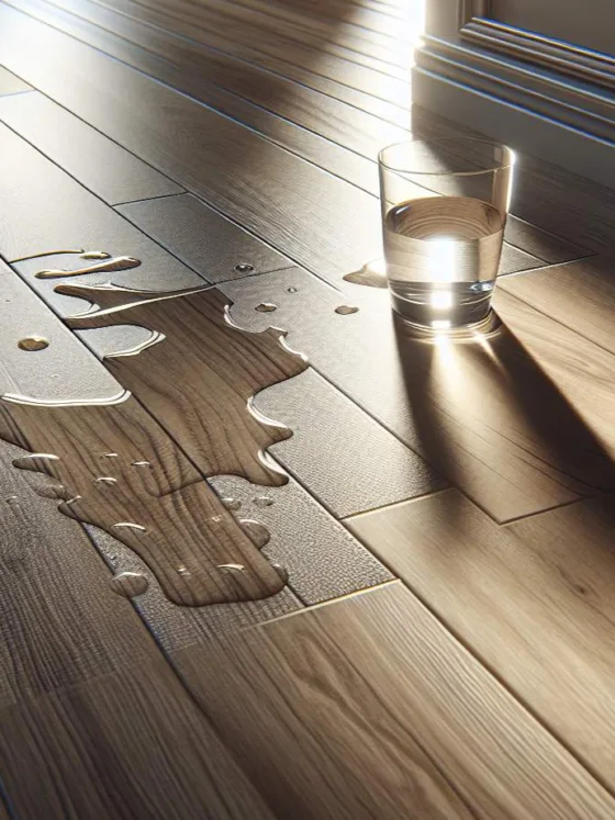 Newly installed vinyl plank flooring with spilled water.