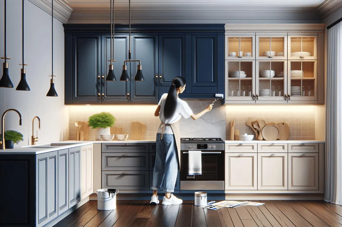 An elegant kitchen featuring deep navy blue and neutral beige cabinets, with modern hardware and bright lighting, showcasing an Asian woman painting one of the cabinets, capturing the transformation in a realistic photographic style.