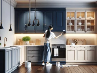An elegant kitchen featuring deep navy blue and neutral beige cabinets, with modern hardware and bright lighting, showcasing an Asian woman painting one of the cabinets, capturing the transformation in a realistic photographic style.