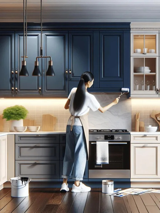 An elegant kitchen featuring deep navy blue and neutral beige cabinets, with modern hardware and bright lighting, showcasing an Asian woman painting one of the cabinets, capturing the transformation in a realistic photographic style.