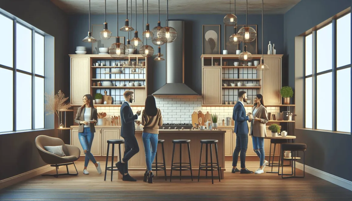 A beautifully renovated modern kitchen featuring sleek cabinets, stylish lighting fixtures, and an efficient layout. A diverse group of people are gathered in the space, engaged in a lively discussion about design ideas while admiring the renovations. The scene captures a sense of teamwork and inspiration in home improvement, with warm lighting enhancing the inviting atmosphere.