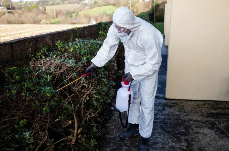 A worker sprays a pesticide on the bushes.