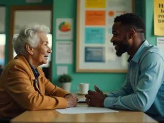 An elderly woman is inside a payday loan office, speaking with a loan officer.