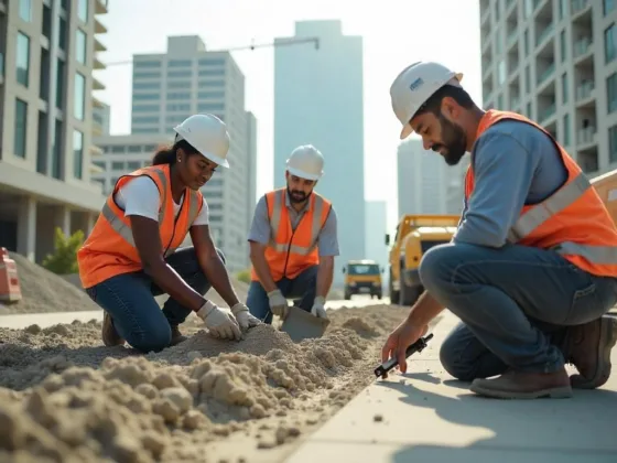 A bustling urban construction site featuring a group of workers mixing concrete.