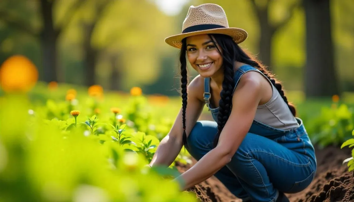 A Hispanic woman with long, braided black hair, wearing denim overalls and a straw hat, kneeling in a lush spring garden, planting seedlings on a sunny morning.