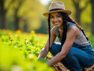 A Hispanic woman with long, braided black hair, wearing denim overalls and a straw hat, kneeling in a lush spring garden, planting seedlings on a sunny morning.