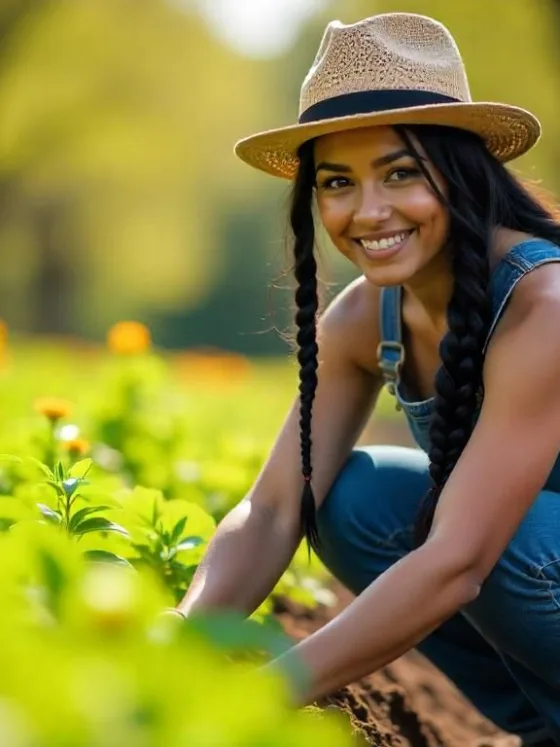 A Hispanic woman with long, braided black hair, wearing denim overalls and a straw hat, kneeling in a lush spring garden, planting seedlings on a sunny morning.