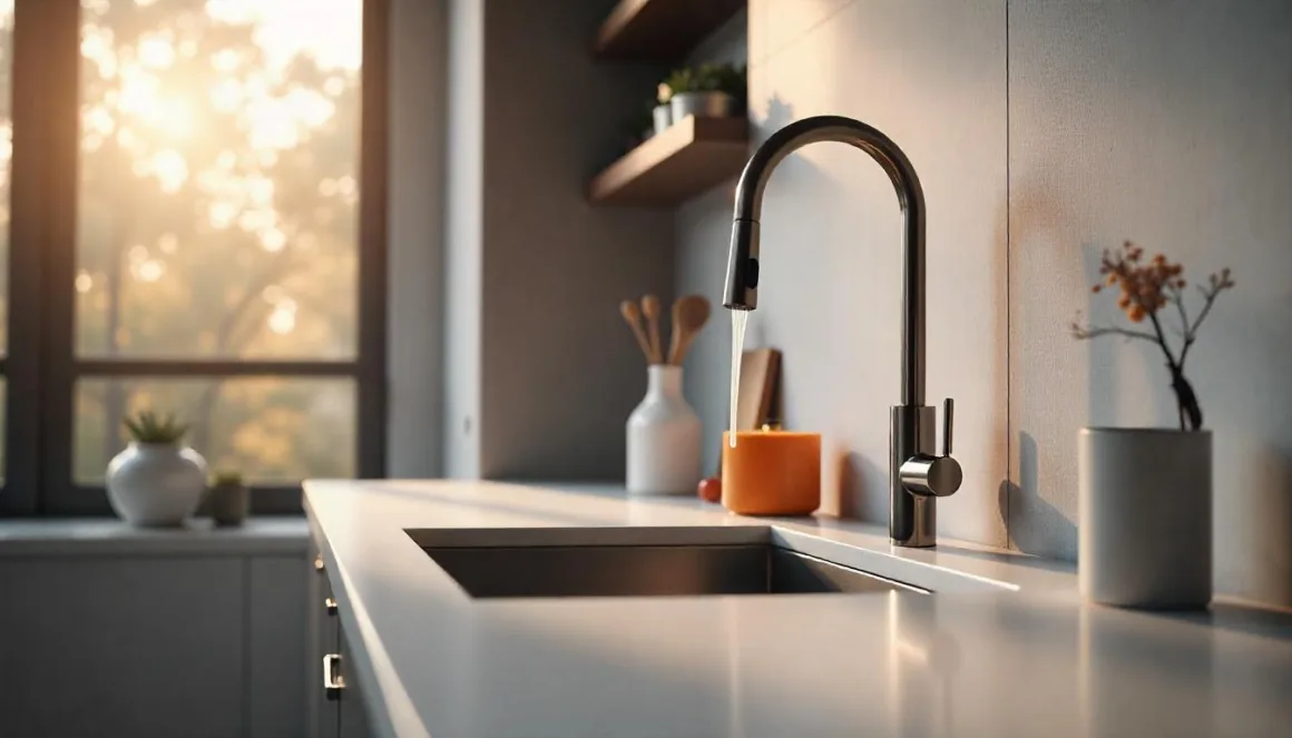 A sleek wall mount faucet drips water in a modern kitchen, highlighting a clean and spacious countertop with a minimalist backdrop.