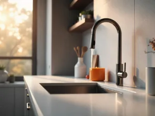 A sleek wall mount faucet drips water in a modern kitchen, highlighting a clean and spacious countertop with a minimalist backdrop.