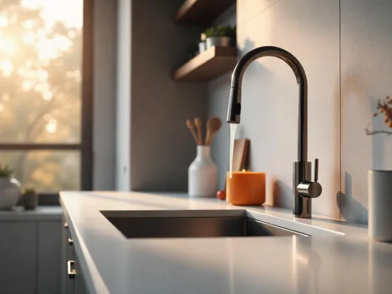 A sleek wall mount faucet drips water in a modern kitchen, highlighting a clean and spacious countertop with a minimalist backdrop.