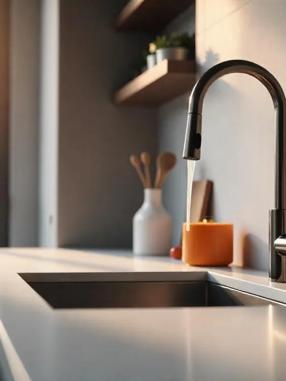 A sleek wall mount faucet drips water in a modern kitchen, highlighting a clean and spacious countertop with a minimalist backdrop.
