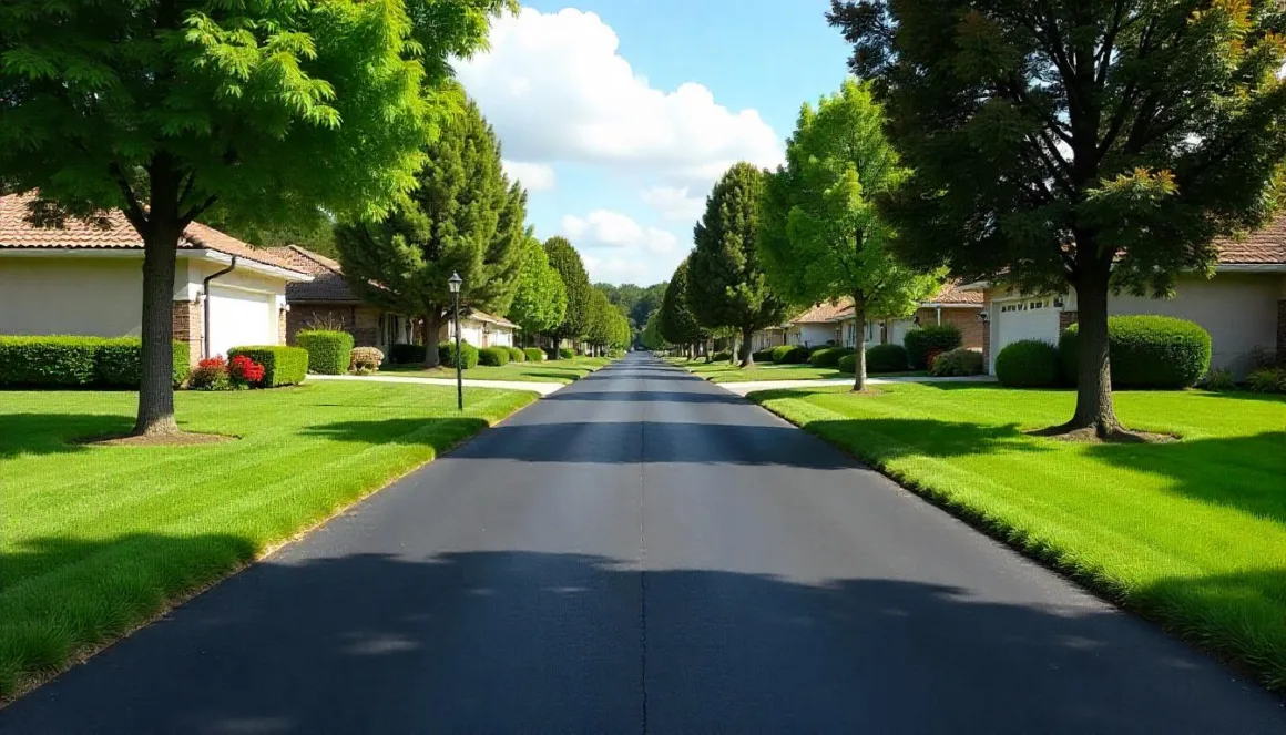 Smooth asphalt suburban driveway with gentle slopes, neat landscaping, mature trees.