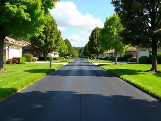 Smooth asphalt suburban driveway with gentle slopes, neat landscaping, mature trees.