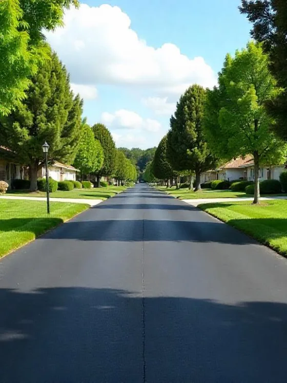 Smooth asphalt suburban driveway with gentle slopes, neat landscaping, mature trees.