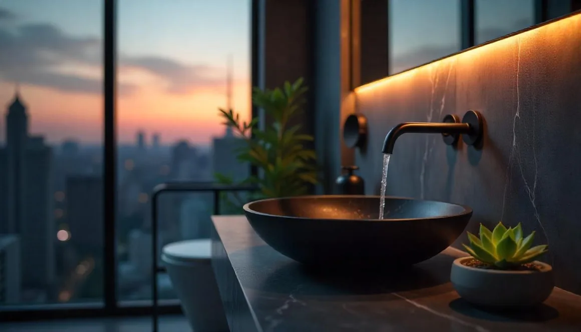 A modern bathroom at twilight, showcasing a wall-mounted matte black faucet with water gently dripping into a vessel sink made of dark marble; the countertop is clear except for a small, green succulent, with soft, diffused lighting enhancing the elegant and practical design.