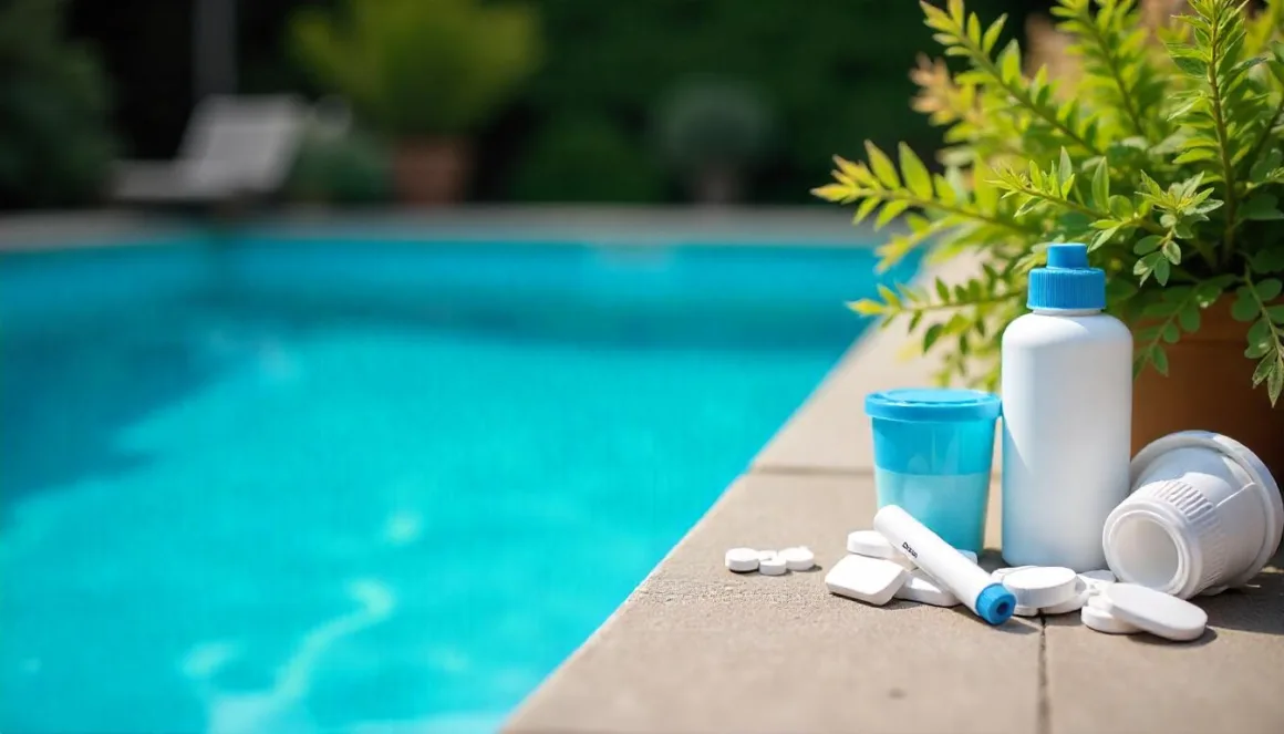 Bright backyard pool with clear blue water, surrounded by green plants and neatly arranged pool maintenance tools including chlorine tablets, pH strips, and a skimmer.