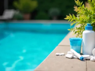 Bright backyard pool with clear blue water, surrounded by green plants and neatly arranged pool maintenance tools including chlorine tablets, pH strips, and a skimmer.