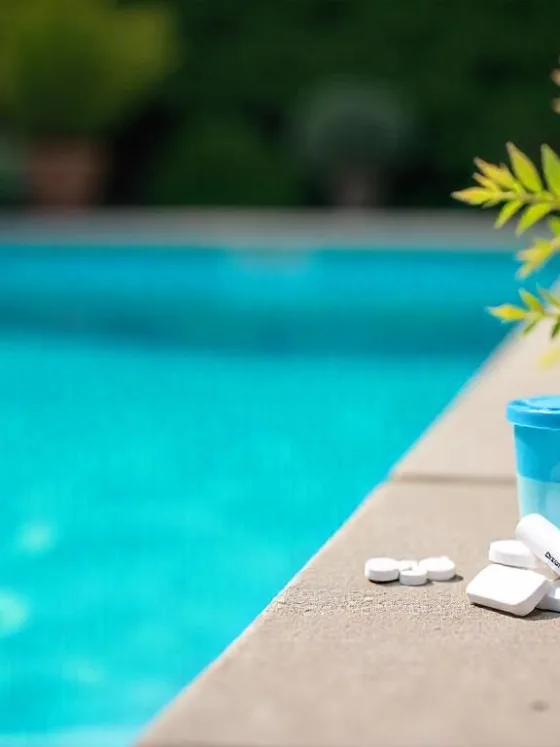 Bright backyard pool with clear blue water, surrounded by green plants and neatly arranged pool maintenance tools including chlorine tablets, pH strips, and a skimmer.